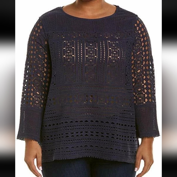Nic + Zoe Blueprint Blue Sheer Lace‎ Pullover Sweater women's large navy blue - Picture 1 of 9